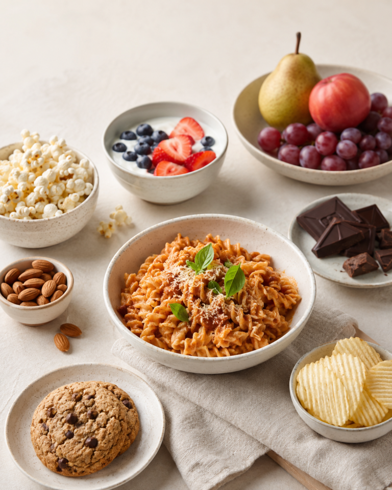 A variety of foods arranged in ceramic bowls on a neutral table