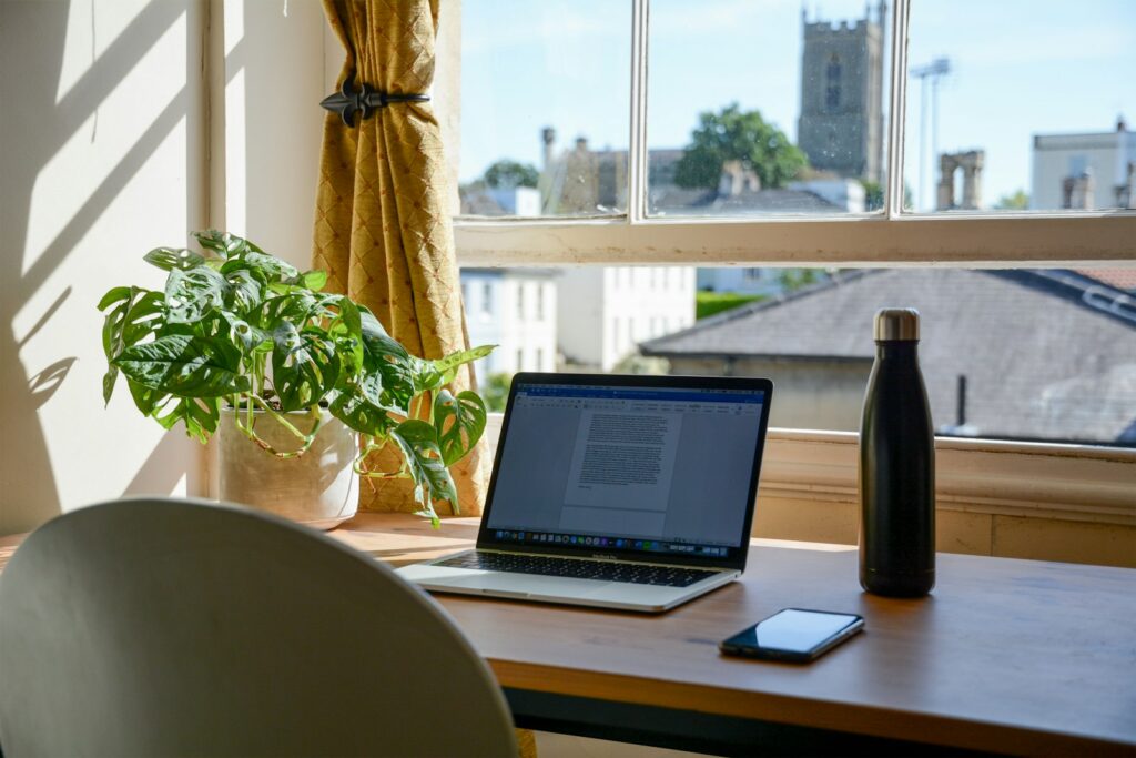 Warm home office with laptop and plant