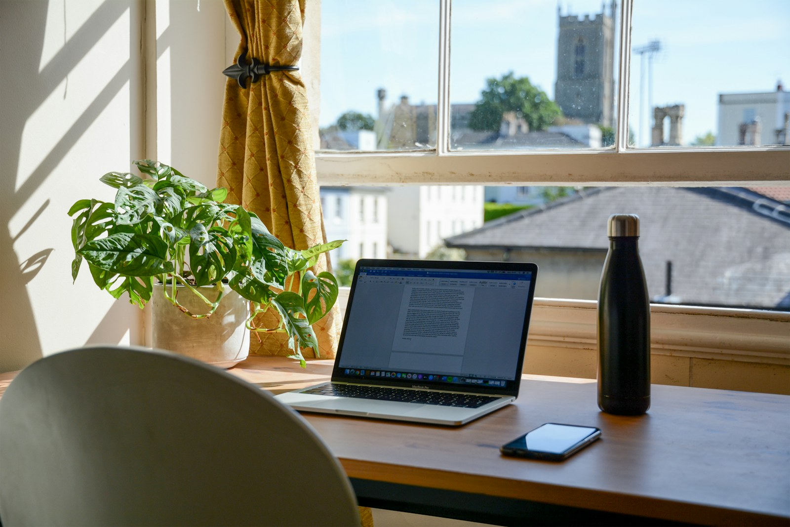 Warm home office with laptop and plant