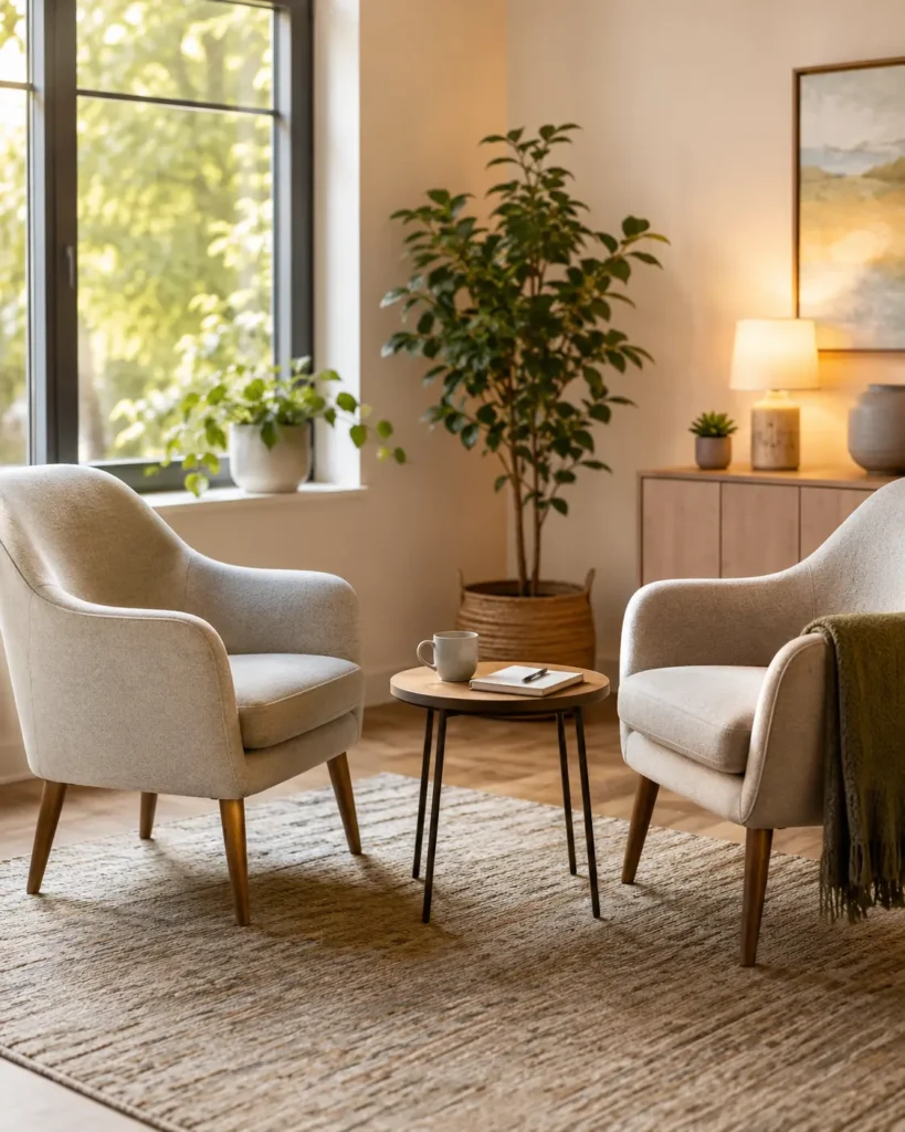 Quiet, welcoming room with two chairs, plants, and natural light